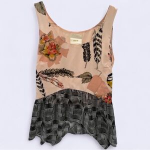 Anthropologie Maeve Finley 100% Silk Feather and Floral Peplum Tank Top